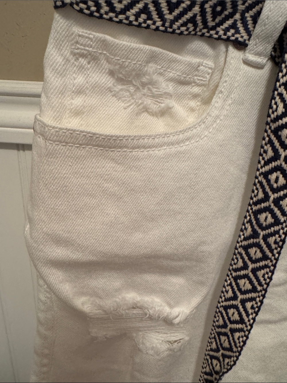 Maurices Cream Denim Shorts with Black Patterned Waist Tie - Picture 9 of 9